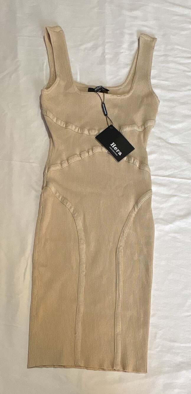 Hera Collection Beige Ribbed Knit Square Neck Midi Dress Style 22268 Size M